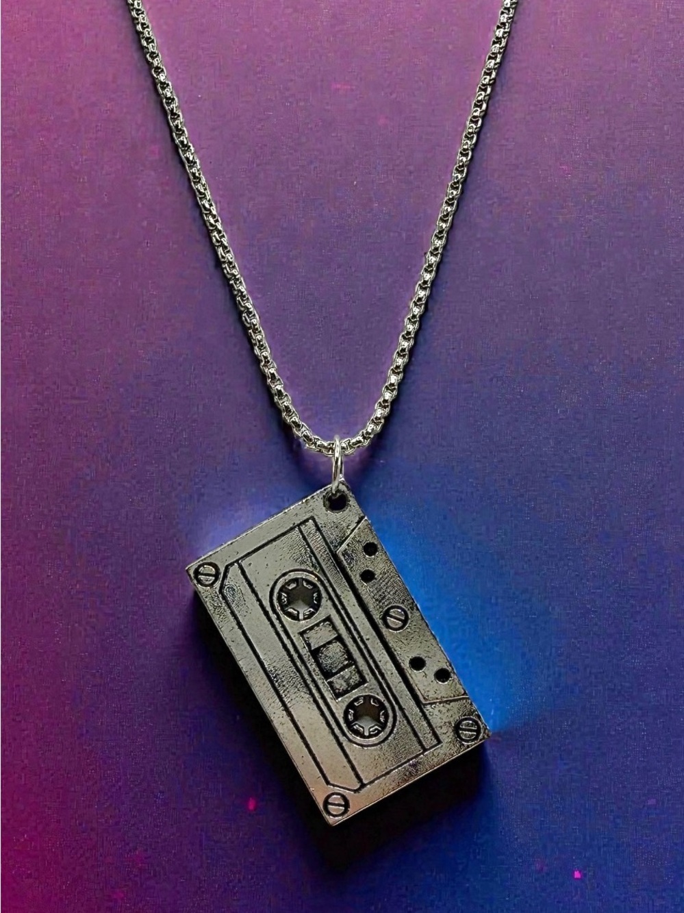 Retro Cassette Tape Necklace Silver Pendant Music Lover 80s Mixtape Chain